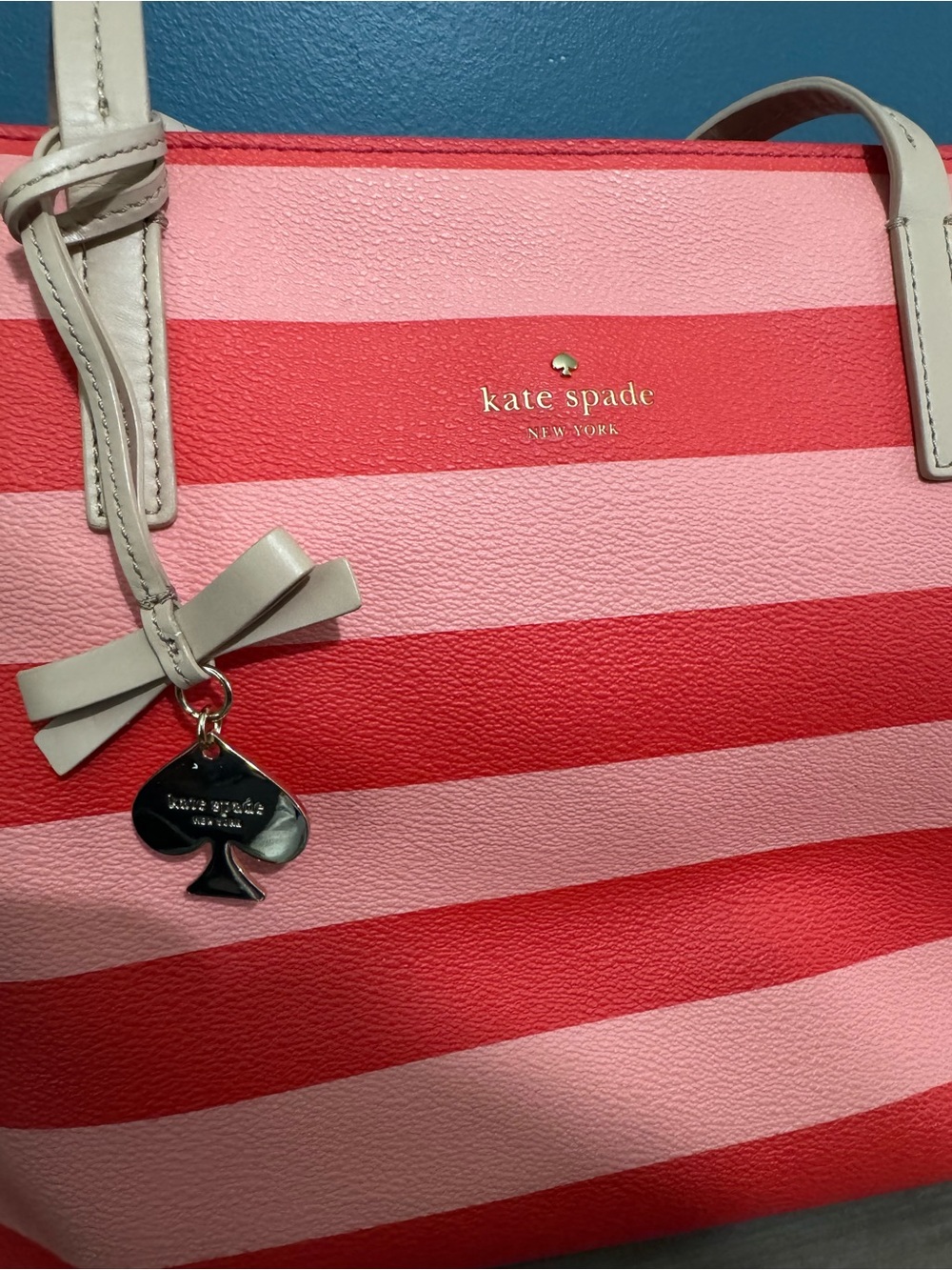 kate spade Pink and Red Striped Tote with Bow Charm - Picture 6 of 6